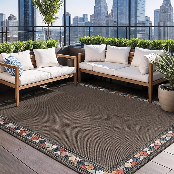 Beverly Rug Outdoor Rug 6x9 Modern Bordered Area Rugs for Indoor and Outdoor Patio Easy to Clean Non Shedding Living Room Porch Garden Washable Outside Carpet (6 x 9 Brown)