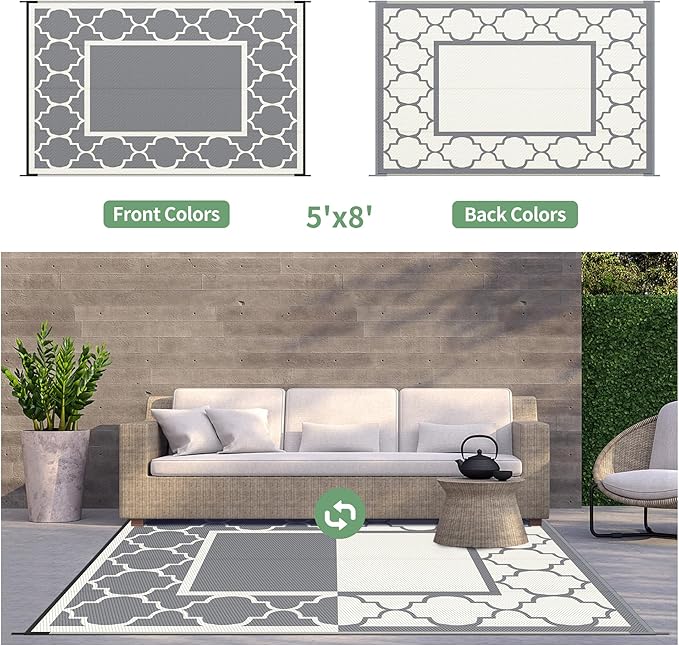 GENIMO 5 ' x 8 ' Outdoor Rug for Patio, Waterproof Indoor Outdoor Plastic Straw Rugs Carpet, Reversible Outside Area Mat for Camping, Balcony Porch, Deck, Picnic, Beach Grey & Beige White