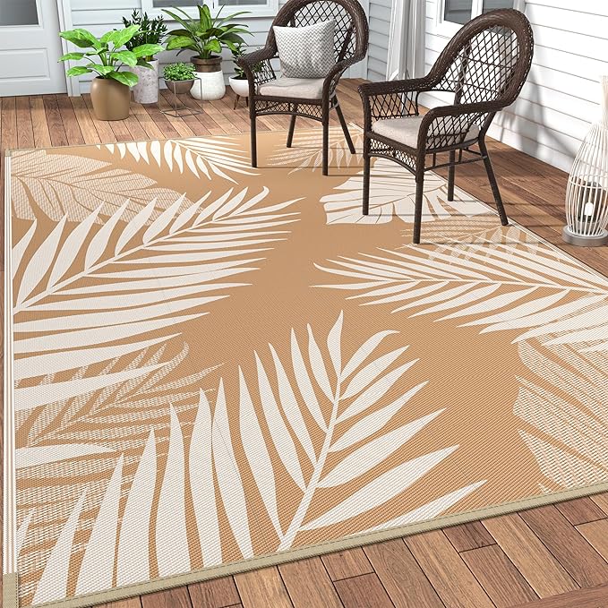 GENIMO Outdoor Rug 9' x 12' Waterproof for Patios Clearance, Reversible Outdoor Plastic Straw Camping Rug Carpet, Large Area Rugs Mats for RV, Camper, Deck, Balcony, Porch, Beach, Picnic, Brown&Beige