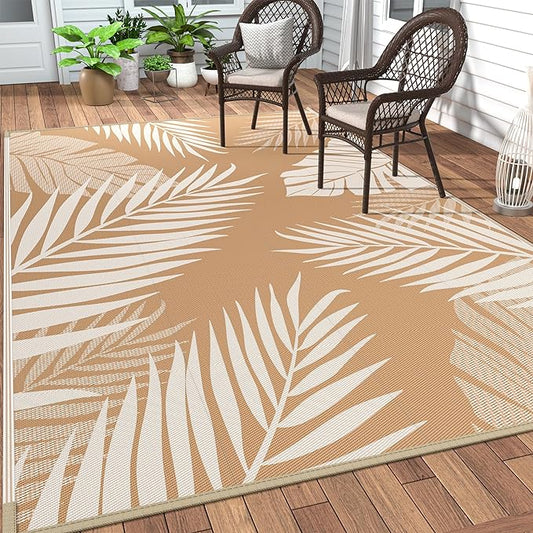 GENIMO Outdoor Rug 9' x 12' Waterproof for Patios Clearance, Reversible Outdoor Plastic Straw Camping Rug Carpet, Large Area Rugs Mats for RV, Camper, Deck, Balcony, Porch, Beach, Picnic, Brown&Beige