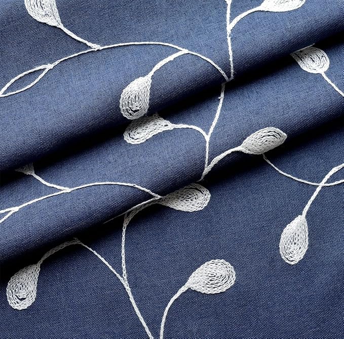 MIUCO Floral Embroidered Semi-Sheer Curtains Faux Linen Grommet Window Panels for Doors 52 x 95 Inch 2 Panels, Navy Blue