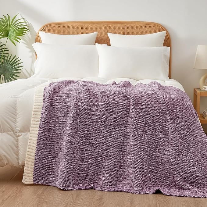 Snuggle Sac Purple Throw Blankets for Couch, Super Soft Warm Blankets Cozy Knit Fuzzy Plush Lightweight Throws for Sofa, Bed,Living Room, Heather Purple, 50x60 inches