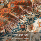 Boho Throw Blanket for Couch Sofa Bed, 100% Cotton Woven Quilt with Tassel 90”x98”, Super Soft Muslin Blanket with Patchwork Printed, Decorative Reversible Bed Blanket/Cover for All Seasons