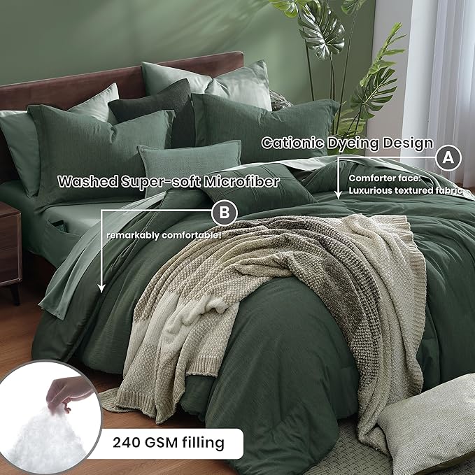 Monbix King Size Comforter Set, Deep Forest King Size Bedding Set Reversible, King Comforter Set 7 Pieces, Cationic Dyeing Bed in a Bag with Comforter, Sheets, Pillowcases & Shams