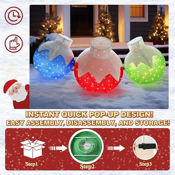 36 Inch Pop-Up Christmas Ball with 90 LED Lights for Outdoor Xmas Decor, 3-Piece Pre-Lit Iridescent Christmas Ball Ornaments Decor with Base, Outdoor 3D Glittered Standing Holiday Display