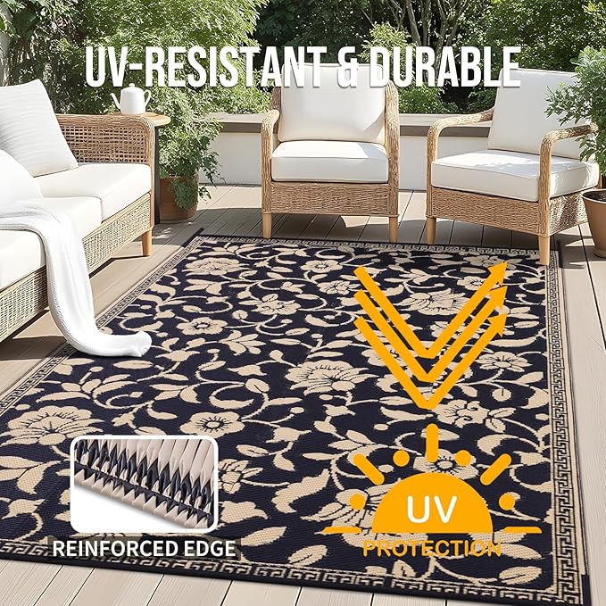 OLANLY Waterproof Outdoor Rug 8x10 ft, Outdoor Plastic Straw Rug with Flower Pattern, Reversible RV Mat for Patio, Camping, Balcony, Deck, Backyard, Black & Beige
