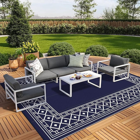 GENIMO Outdoor Rug Waterproof for Patio Decor, 9'x12' Foldable Reversible Plastic Straw Carpet for Travel Trailers, Outside Area Mat for Rv, Deck, Picnic, Porch, Camper, Balcony, Beach, Blue & White