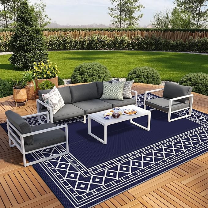 GENIMO Outdoor Rug Waterproof Area 10'x14' for Patio, Foldable Reversible Plastic Straw Carpet for Travel Trailers, Outside Mat for Rv, Deck, Picnic, Porch, Camper, Balcony, Beach, Blue & White