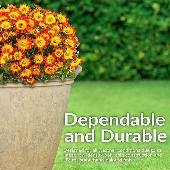 Sunnydaze 24-Inch Anjelica Large Plastic Pot for Plants - Outdoor Polyresin Round Planter with Drillable Drainage Holes - Beige - 2pk