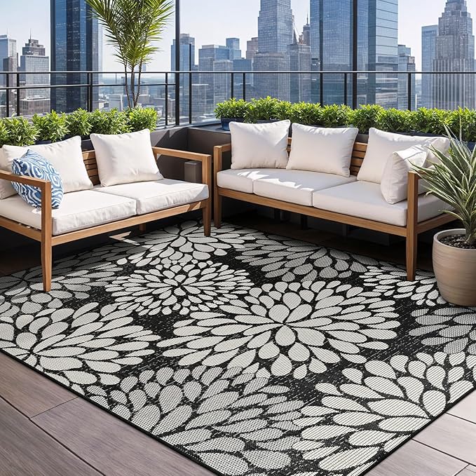 Beverly Rug Outdoor Rug 6x9 Modern Exotic Tropical Leaf Area Rugs for Indoor and Outdoor Patio Deck Porch Garden Water Resistant Washable Outside Carpet (6 x 9 Dark Gray)