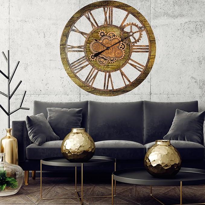 The Gears Clock 36'' Inch Real Moving Gear Wall Clock Vintage Industrial Oversized Rustic Farmhouse (Gold Antique)