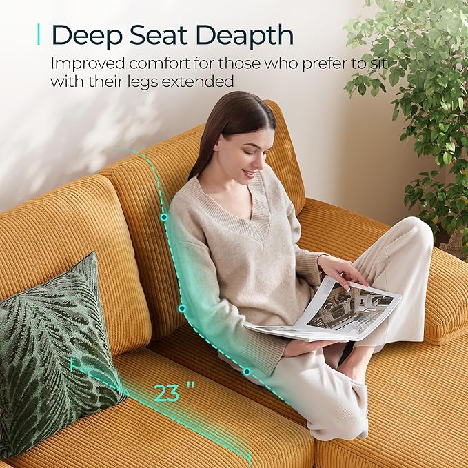 LINSY HOME Sectional Couch, 111'' W Corduroy U Shaped Sofa with Sleepable Armrests, 4 Seat Couch with Double Chaises, Deep Seat Sofa for Living Room, Yellow