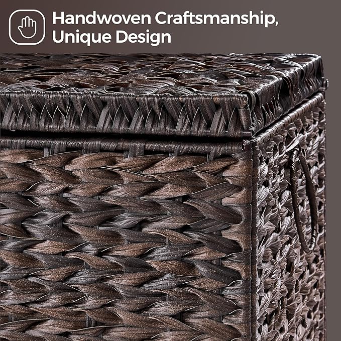 Handwoven Storage Basket with Lid, 165L Plastic Rattan Storage Bin, Leather Buckle & Metal Frame, Large Metal Ring Handles, Storage Trunk for Bedroom, Laundry Room