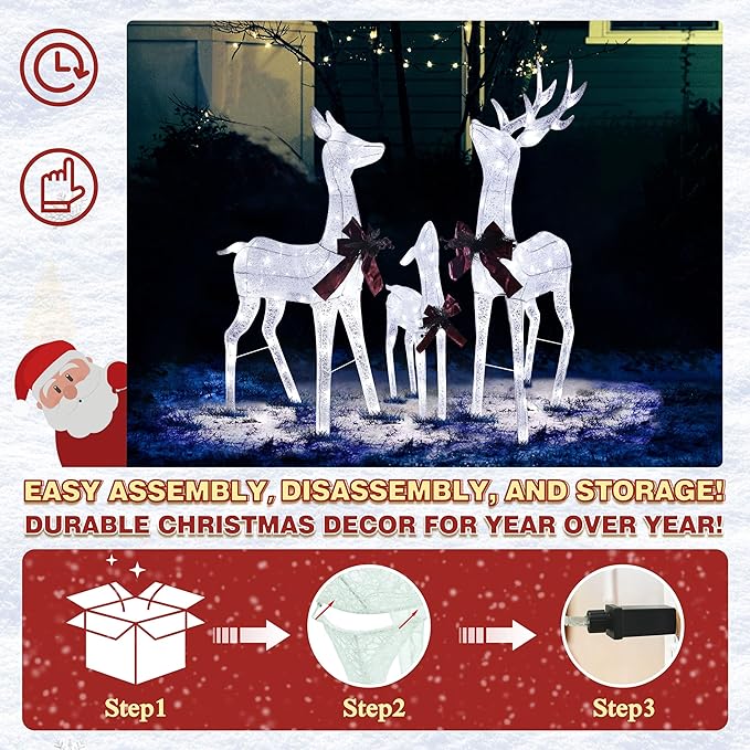 4.5FT Lighted Reindeer Family Set for Christmas Decoration, 3 Pieces Pre-Lit Iridescent Deer Xmas Decor with 200 LED Lights, 3D Glittered Standing Holiday Display for Outdoor, Indoor, White