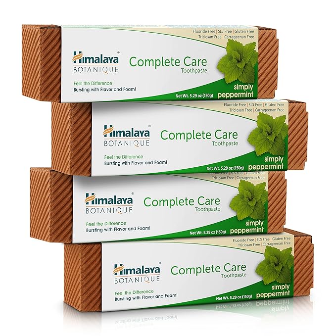 Himalaya Botanique Complete Care Toothpaste, Herbal, Peppermint Flavor, Fights Plaque, Freshens Breath, Fluoride Free, No Artificial Flavors, SLS Free, Cruelty Free, Foaming, 5.29 Oz, 4 Pack…