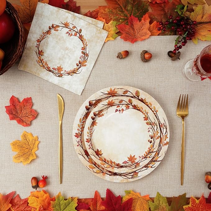 Homlouue 200 Pcs Fall Paper Plates and Napkins, Watercolor Disposable Dinnerware Set, Autumn Leaves Thanksgiving Party Supplies, Serve 50 Guests