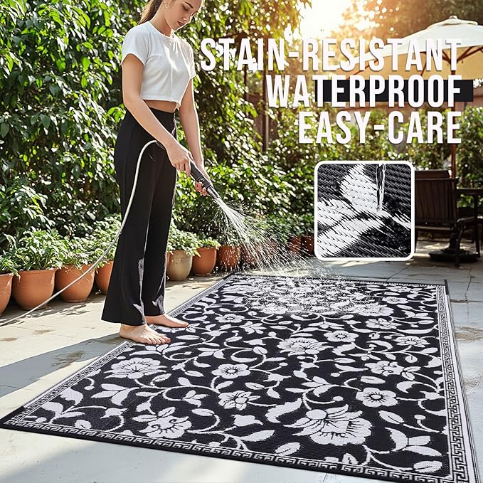 OLANLY Waterproof Outdoor Rug 6x9 ft, Outdoor Plastic Straw Rug with Flower Pattern, Reversible RV Mat for Patio, Camping, Balcony, Deck, Backyard, Black & White