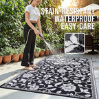 OLANLY Waterproof Outdoor Rug 9x12 ft, Outdoor Plastic Straw Rug with Flower Pattern, Reversible RV Mat for Patio, Camping, Balcony, Deck, Backyard, Black & White