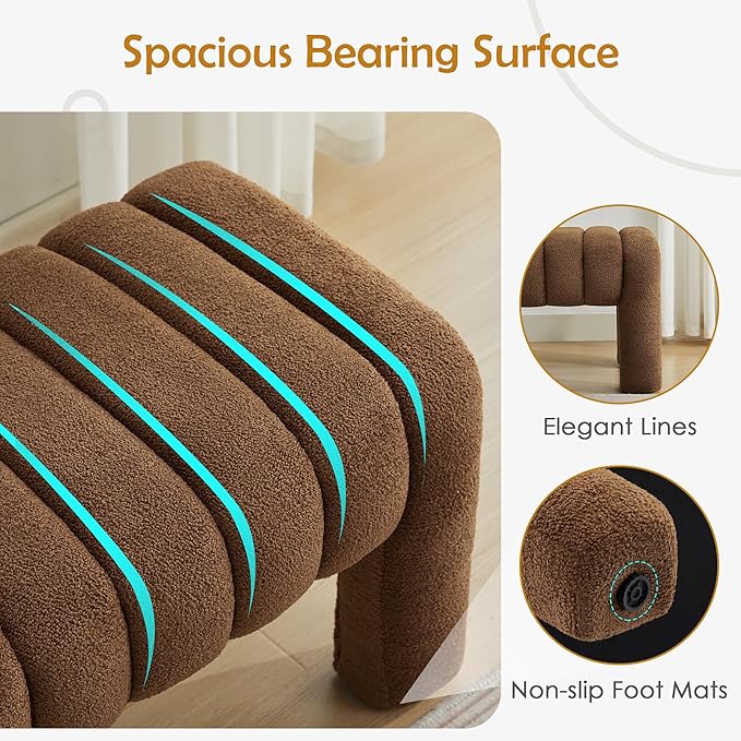 63" Bedroom Bench, Upholstered Entryway Bench, Modern End of Bed Ottoman with Solid Wood Legs and Adjustable Foot Pegs for Entryway, Dining Room and Living Room (Brown Boucle)