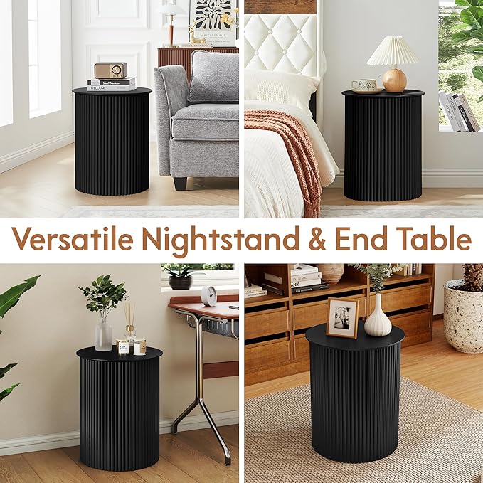 AVZEAR Small Round Side Table Fluted Night Stand Set of 2, 17.7" Mid Century Modern End Table, Circle Bedside Tables Wood Nightstands for Small Spaces, Living Room, Bedroom(Black)