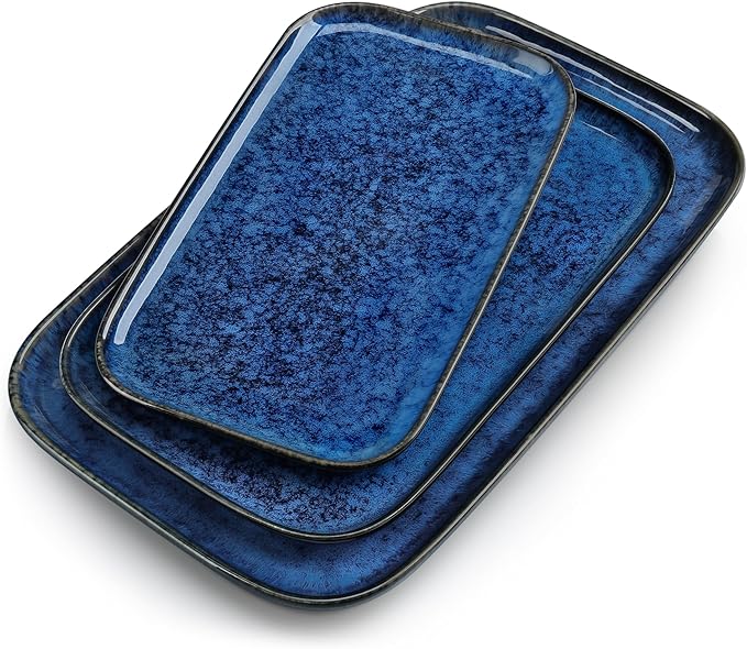vancasso Stern Serving Platters Set of 3, 15/13/ 11 Inches Rectangular Serving Plates, Blue Serving Trays for Entertaining, Party