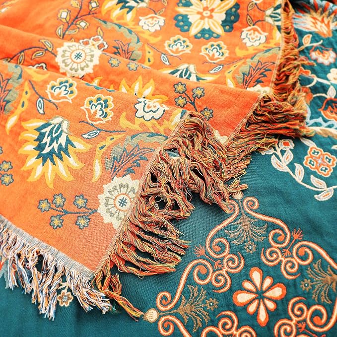 Boho Large Throw Blanket, 100% Organic Cotton Breathable Soft Bed Throw - Floral Farmhouse Decor Blanket for Sofa Couch Chair and Gift. 91" x 98"- Orange