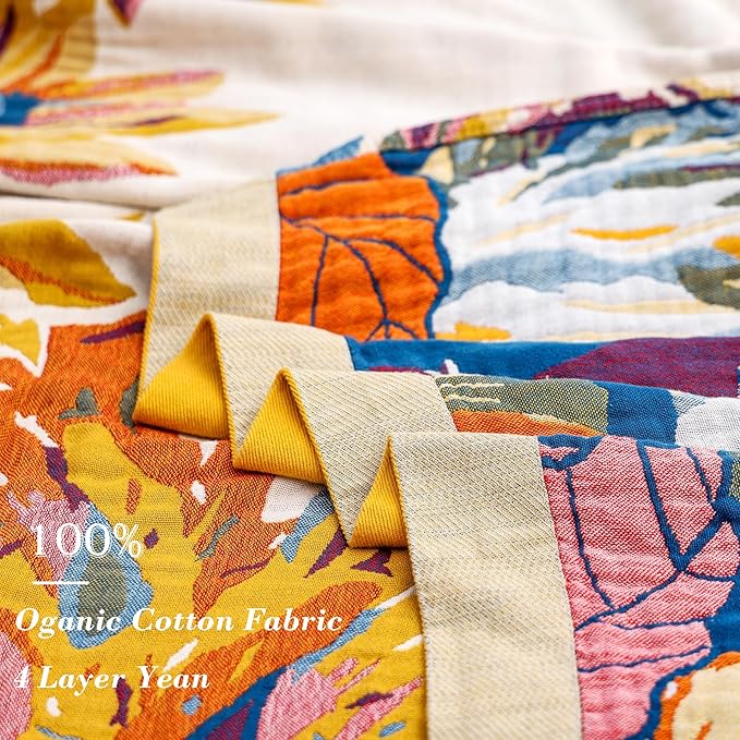 Boho Large Throw Blanket, 100% Organic Cotton Breathable Soft Bed King Throw - Fall Floral Bird Butterfly Farmhouse Decor Blanket for Sofa Couch Chair and Gift. 91" x 98"