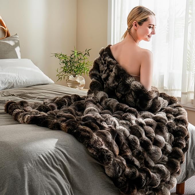 BENVWE Fluffy Faux Fur Throw Blanket for Couch, Soft Plush Thick Cozy Fuzzy Luxury Minky Bubble Blanket for Home Living Room Decor Gift for Women, Tie-dye Coffee, 60" x 80", 1100GSM