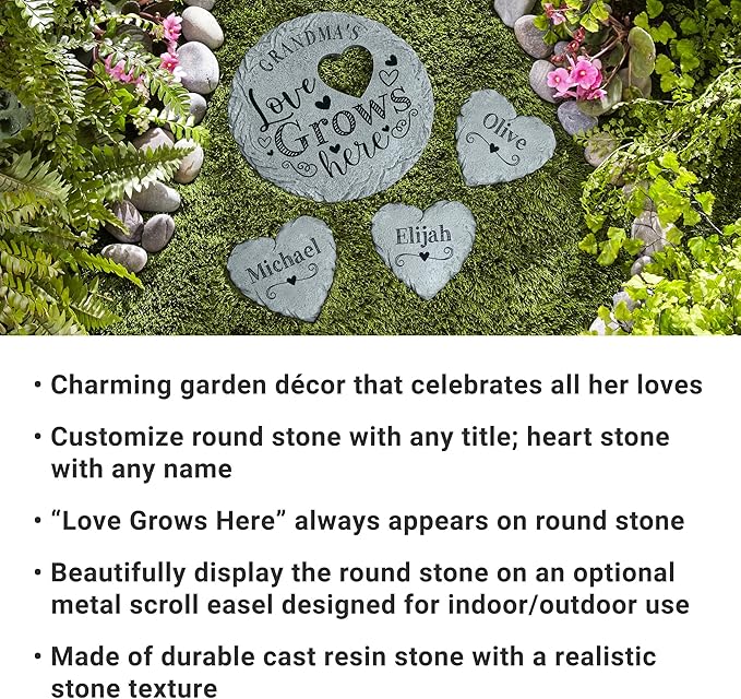 Let's Make Memories Personalized Garden Stone - Resin - Custom Garden Décor - Love Grows Here Round Stone with Heart Cutout - for Dad - for Father's Day