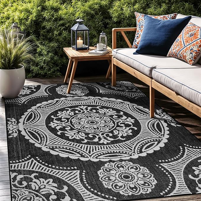 Medallion Outdoor Rug 6x9 Washable Outside Carpet for Indoor Patio Porch Waterproof Easy Cleaning Non Shedding Area Rugs Black 6 x 9