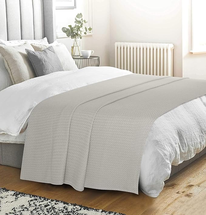 BELIZZI HOME 100% Cotton Bed Blanket, Breathable Bed Blanket Full Queen Size, Cotton Thermal Blankets Full Queen, Perfect for Layering Any Bed for All Season, Light Grey