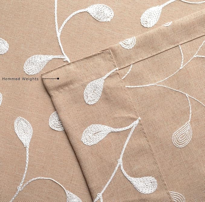 MIUCO Floral Embroidered Semi Sheer Curtains Faux Linen Grommet Curtains for Living Room 52 x 84 Inch 2 Panels Set, Taupe