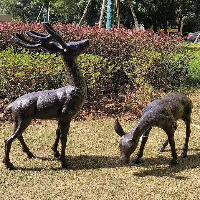 Elegant Pair of Cast Iron Deer Sculptures -22" and 11.4" Tall Male and Female Set for Outdoor Garden Decor, Realistic Animal Statues HC3672-5691