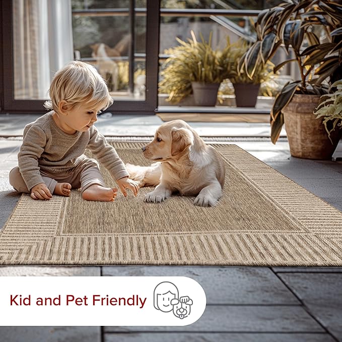 nuLOOM 8' x 10' Outdoor Area Rug, Casual Design With Striped Border, Stain Resistant, Highly Durable, For Patio, Balcony, Bedroom, Living Room, Dining Room, Bathroom, Light Brown