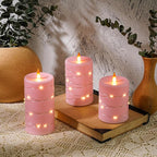 Rose Pink Flameless Candles with String Lights Battery Operated Flickering LED Pillar Candles 4‘’ 5‘’ 6‘’ Candle with Remote Control, Set of 3