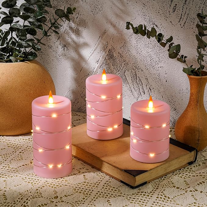 Rose Pink Flameless Candles with String Lights Battery Operated Flickering LED Pillar Candles 4‘’ 5‘’ 6‘’ Candle with Remote Control, Set of 3