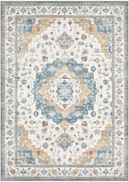 Washable Area Rugs for Living Room - 5x7 Neutral Vintage Distressed Floral Farmhouse Boho Large Soft Floor Rug Indoor Non Slip Carpet for Living Room Bedroom Dining Room Office - Blue/Yellow/Beige