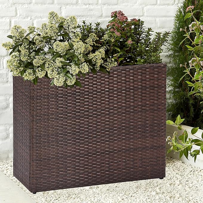 SUNNYPARK Tall Rectangular Planter with Removable Liner, All-Weather PE Rattan Large Modern Planters Indoor Outdoor Flower Plant Pots Garden Box Patio Yard Front Porch Deck