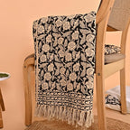 Handmade Cotton Throw Blanket, Floral Block Print, Black and Beige Wrap, 47x71 inches Decorative Woven Throw with Tassels