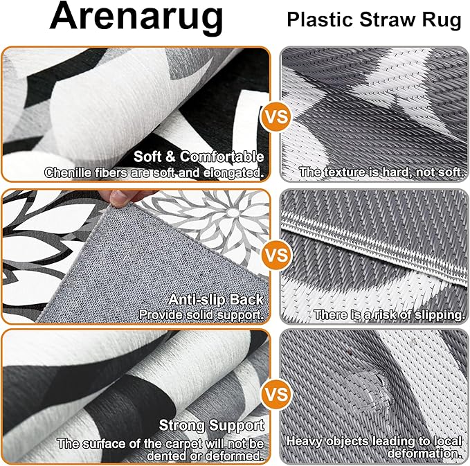 Indoor Outdoor Area Rug Washable Multicolored Rug Tropical Botanical Modern Floral Indoor Outdoor Carpet Black White Rug Non Slip Non Shedding for Patio, Deck, Backyard, Porch (5x8)