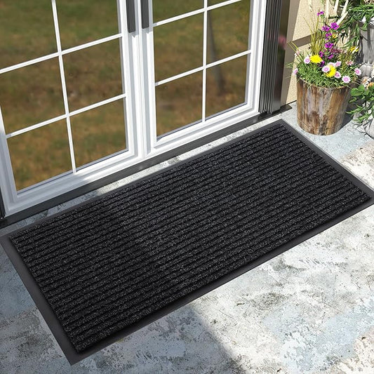 Yimobra Front Door Mat Outdoor Indoor Entrance, 100% Waterproof All-Season All Weather Doormat, Welcome Matt Outside Entry, Non Slip, Low Profile, Heavy Duty Patio Porch Floor Mats,47 x 24,Black Grey