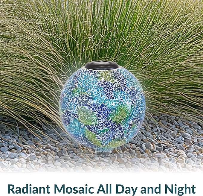 Sunnydaze 10 inch Solar Gazing Ball for Garden - Glass Outdoor Gazing Globe - Crackled Azul Terra