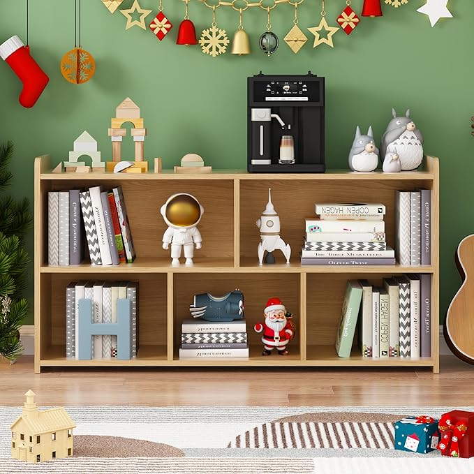 Book Shelf Set of 2, 5 Cubes Storage Organizer, Freestanding Log Bookshelf Cube Shelf for Bedroom, Living Room, Home Office, Open Bookshelf Wooden Bookcase