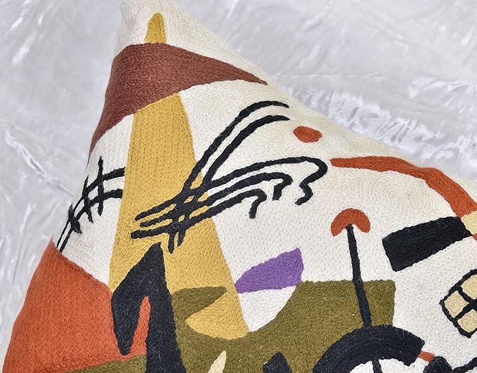 Kandinsky Abstract Pillow Cover - White Modern Throw Pillowcase Cream Chair Cushion Contemporary Farmhouse Pillows Modern Couch Handmade Wool Size 18x18