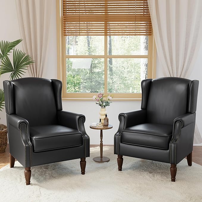Accent Chairs, Faux Leather High Back Armchair Set of 2 or Living Room, Comfy Upholstered Single Sofa Reading Chairs with Solid Wood Legs for Office, Bedroom, Waiting Room-Black
