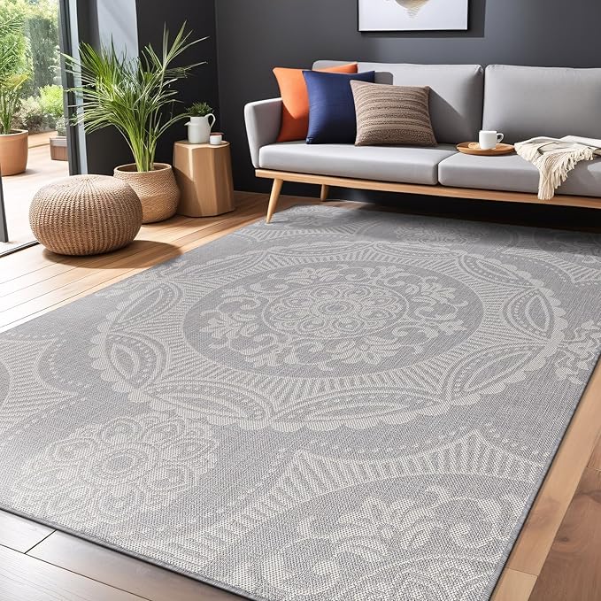 Medallion Outdoor Rug 5x7 Washable Outside Carpet for Indoor Patio Porch Waterproof Easy Cleaning Non Shedding Area Rugs Gray 5 x 7