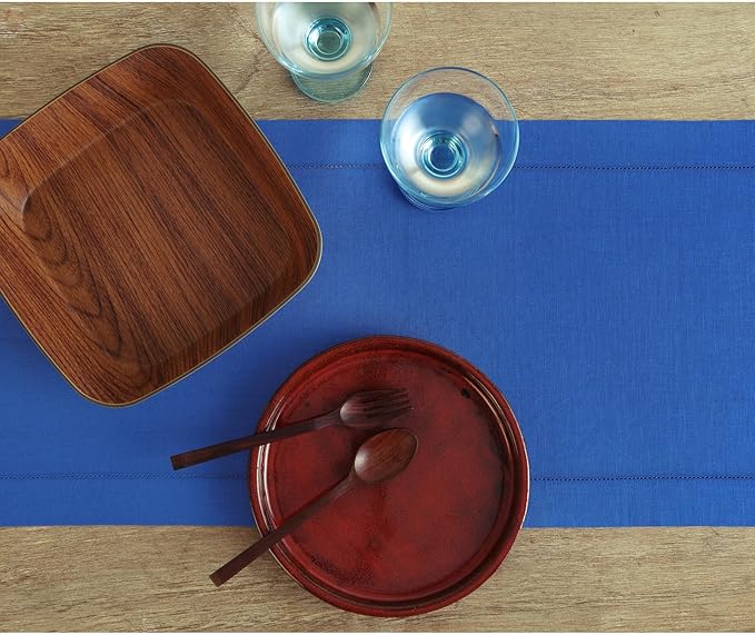 Solino Home Linen Royal Blue Table Runner 108 Inches Long - 100% Pure Linen 14 x 108 Inch Table Runner - Classic Hemstitch