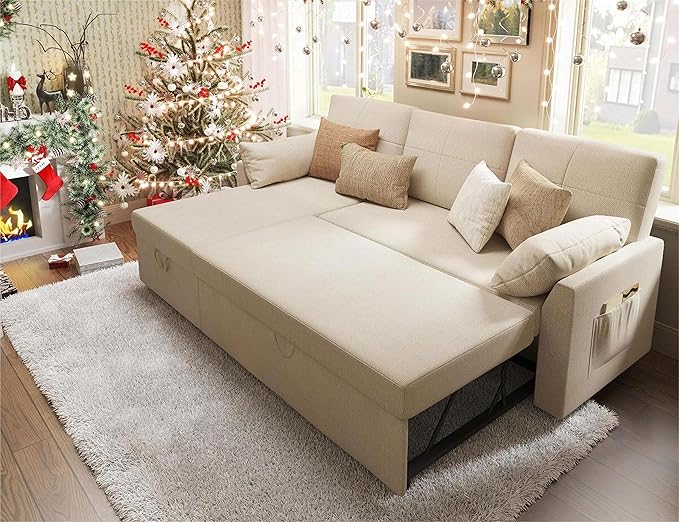 VanAcc Sleeper Sofa, Sofa Bed- 2 in 1 Pull Out Couch Bed with Storage Chaise for Living Room, Comfy Sleeper Couch, Beige Chenille