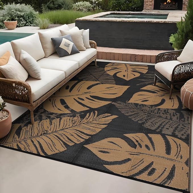 GAOMON Outdoor Patio Rug 9x18 Waterproof Outdoor Plastic Straw Rug Reversible Camping Mat, Foldable Portable RV Picnic Carpet with Bag & 4 Stakes, UV Resistant Outside Carpet for Deck Balcony, Brown