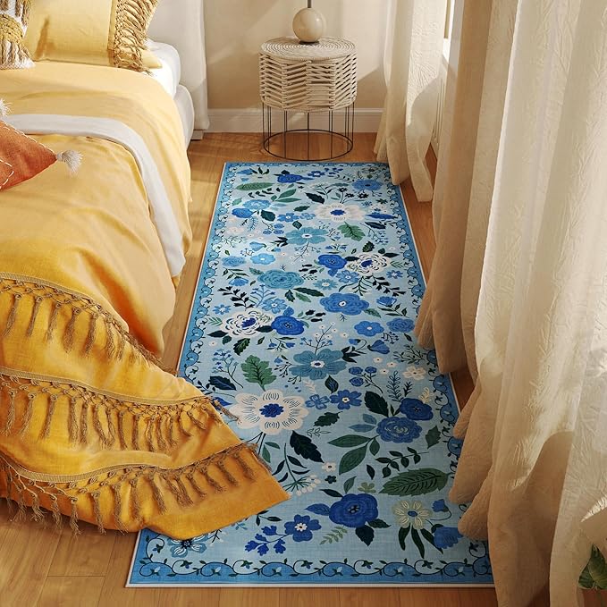 Runner Rug for Hallways Kitchen Rug Non Slip 2'x 6' Washable Runner Rugs with Rubber Backing Soft Floral Carpet Runner for Hallways, Kitchen, Laundry, Bedroom, Bathroom(Blue)